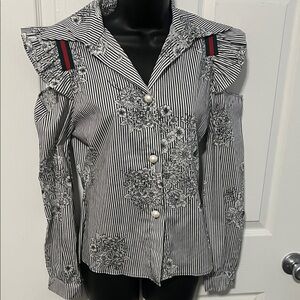 Striped Ruffle Blouse pearls buttons with Floral Embroidery